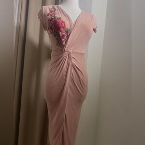 Pink Ruched Wrap Midi Dress with Plunge Neckline